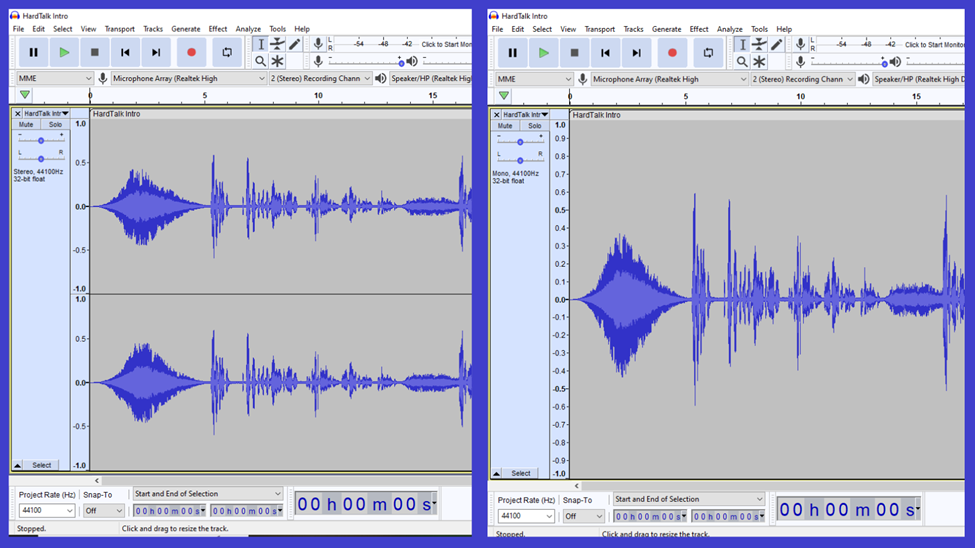 audacity side by side comparison of mono and stereo audio files