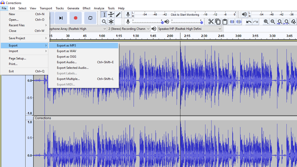 exporting file as mp3 in audacity