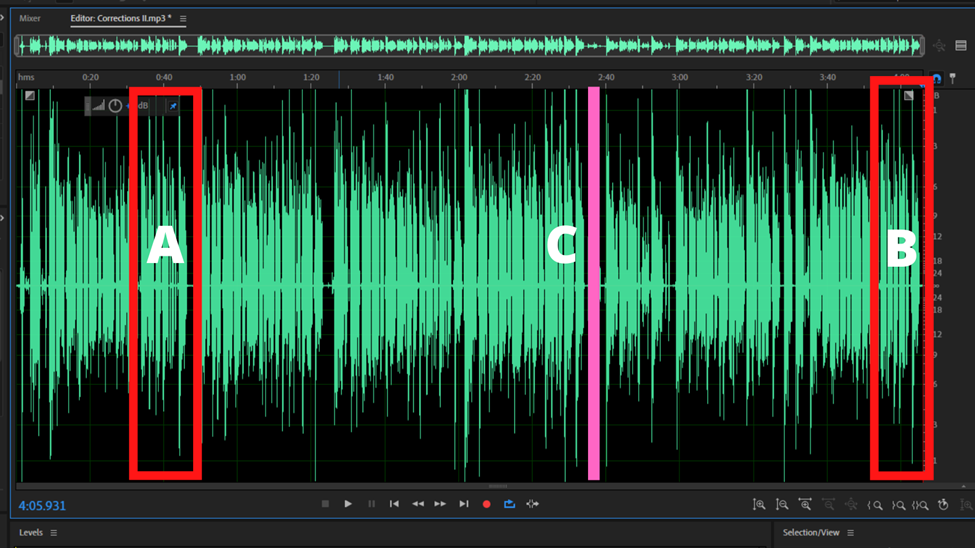 waveform audio in audition with highlighted areas