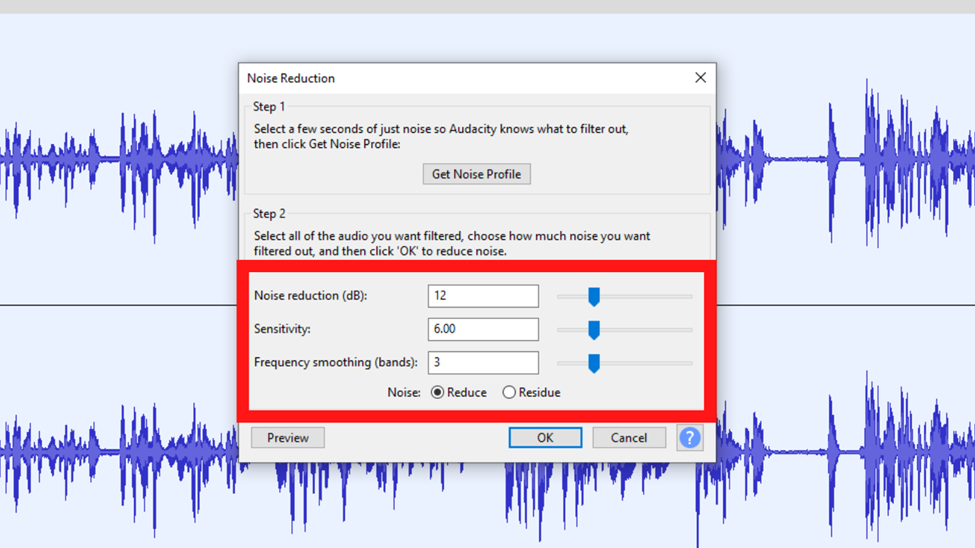 audacity noise reduction settings
