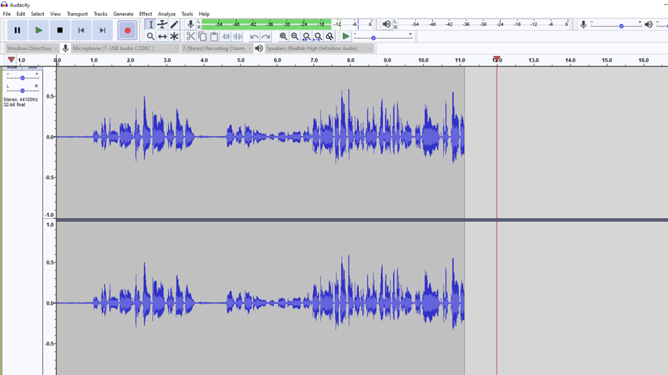 ongoing recording session in Audacity