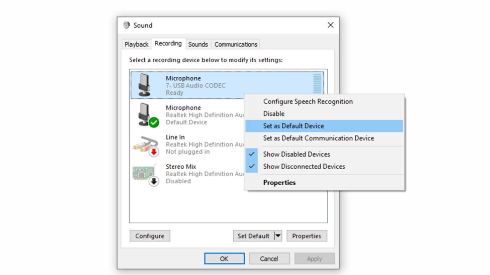 setting microphone as default device