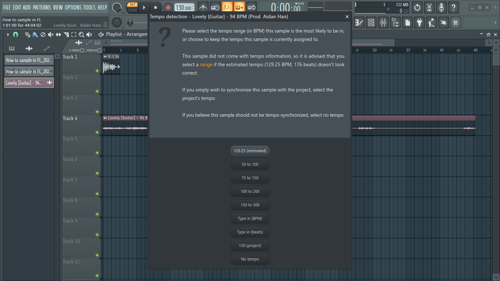 detected tempo popup FL Studio