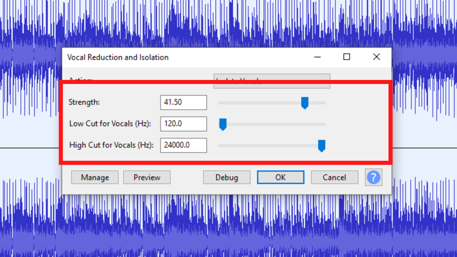 vocal reduction and isolation settings audacity