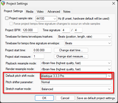 pitch shift mode REAPER project settings