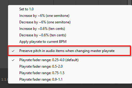 preserve pitch changing playrate REAPER