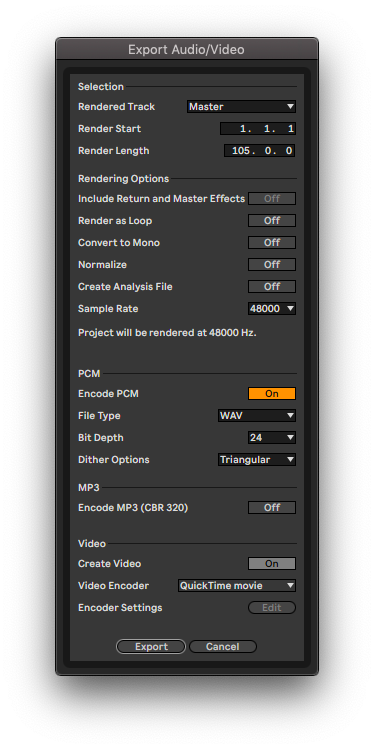 audio video export menu in ableton