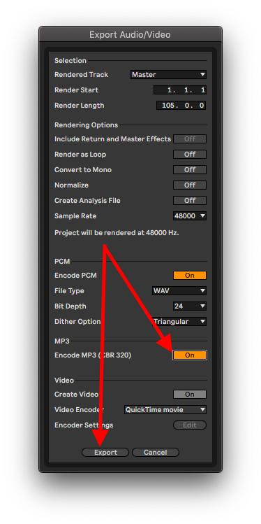 enable mp3 export toggle ableton