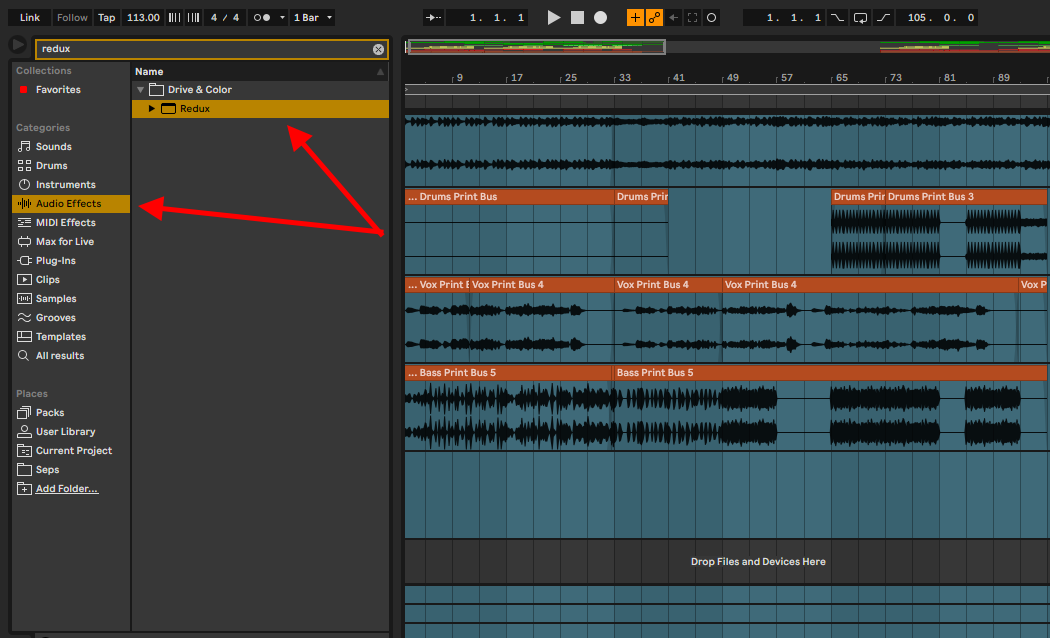 Redux in the audio effects folder in Ableton’s browser