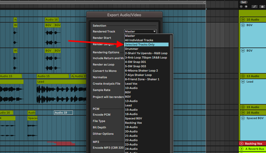 export selected tracks only ableton