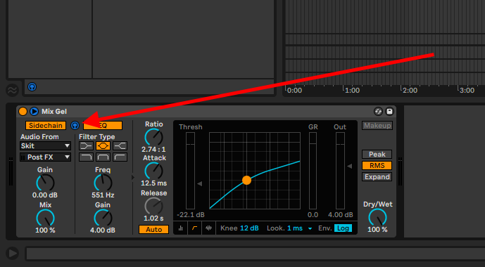 headphones icon between the Sidechain and EQ on/off toggles Ableton