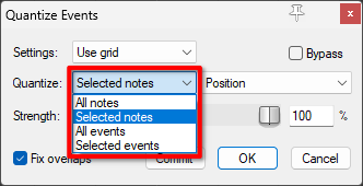 Quantize events Selected notes REAPER