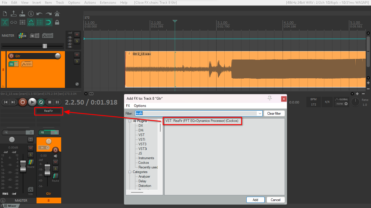 loading the noise reduction plug-in REAPER