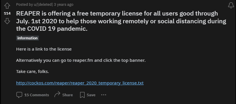 REAPER free license offering reddit thread