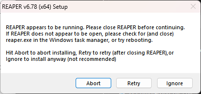 REAPER installer error message close