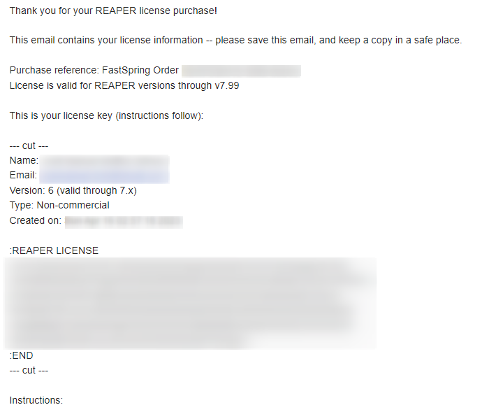 REAPER license purchase email