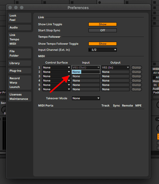 control surface input output menu ableton preferences