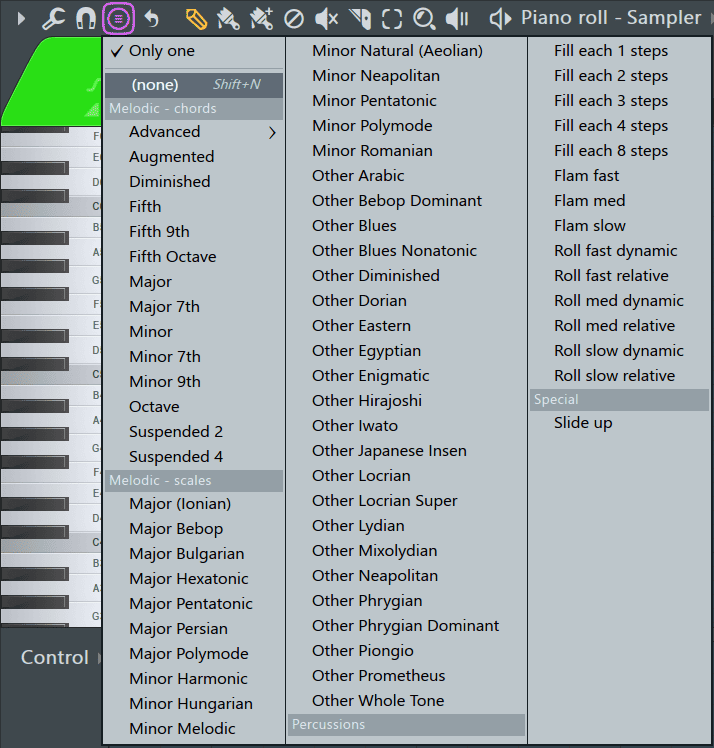 drop down menu containing different chords and scales FL Studio