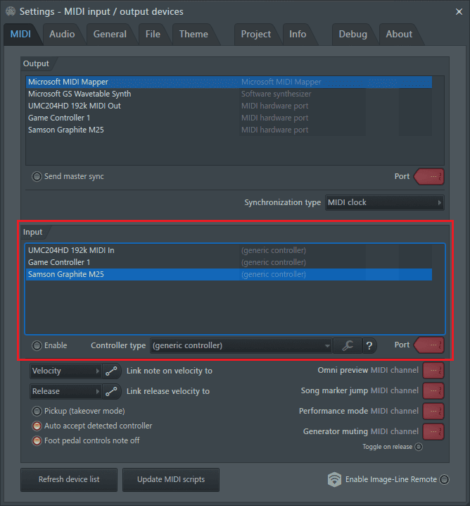 input section MIDI settings FL Studio