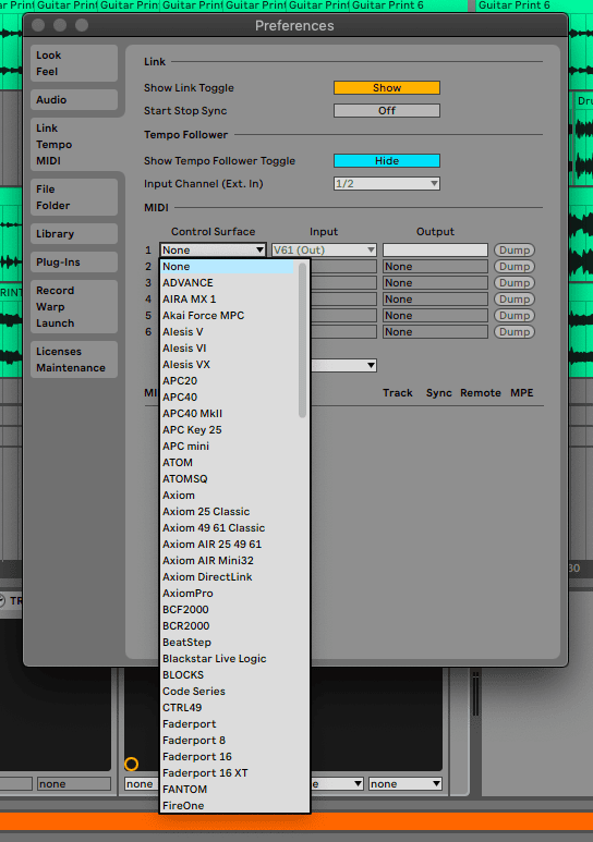 midi devices from input tab ableton