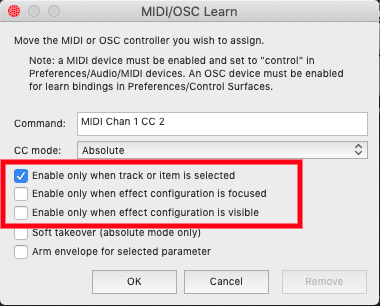 MIDI OSC learn 'enable only when track or item is selected' REAPER
