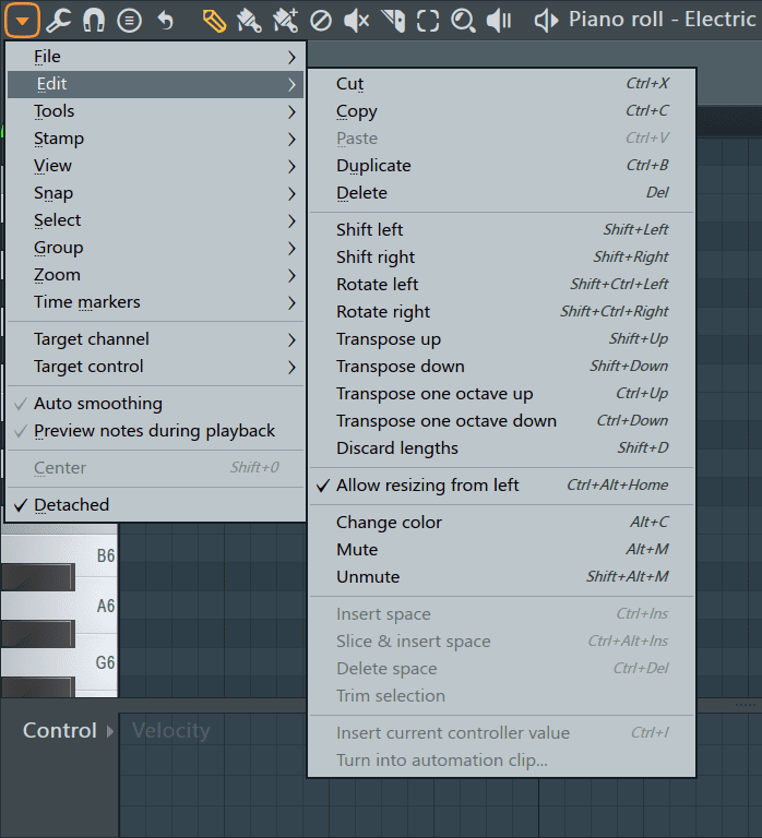 piano roll main menu 'Edit' settings