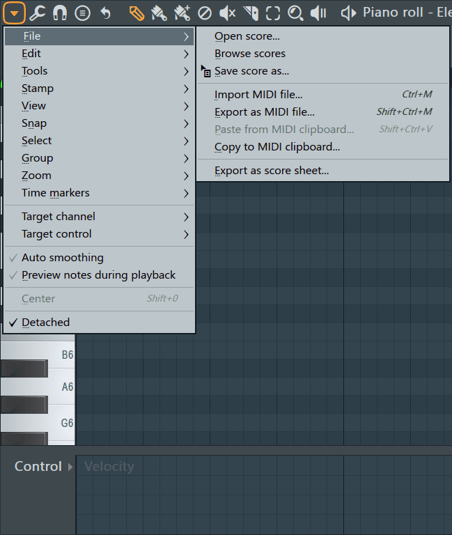 piano roll main menu 'File' settings