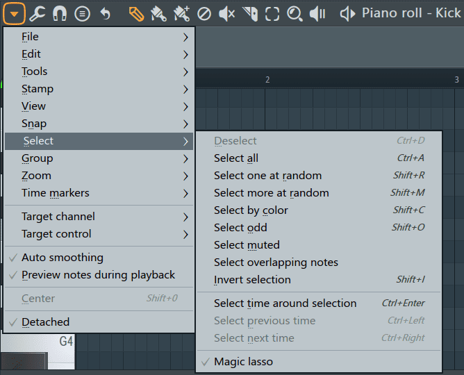 piano roll main menu 'Select' settings