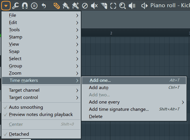 piano roll main menu 'Time markers' settings