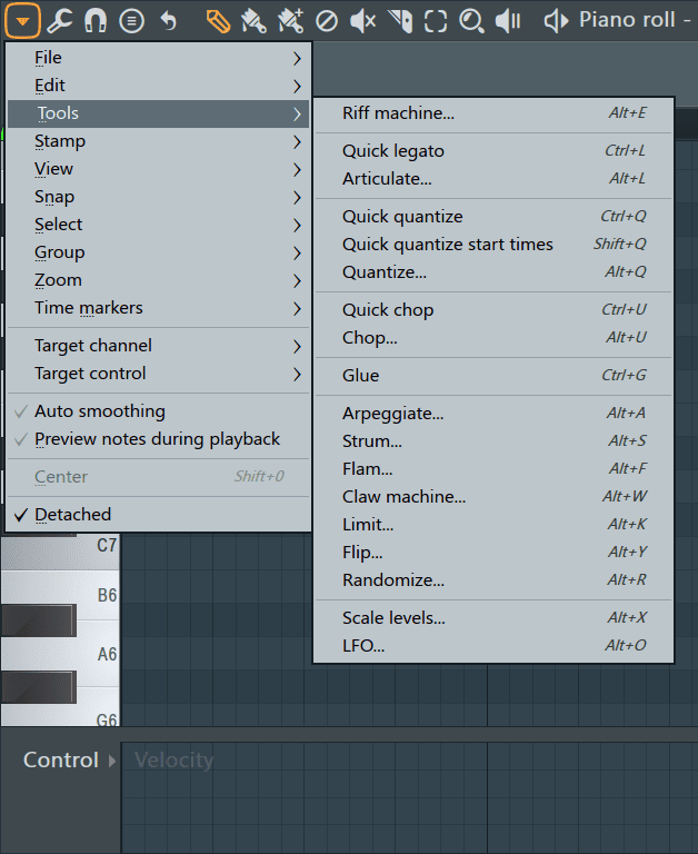 piano roll main menu 'Tools' settings