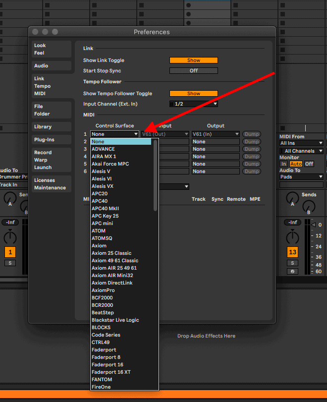 preferences control surface ableton