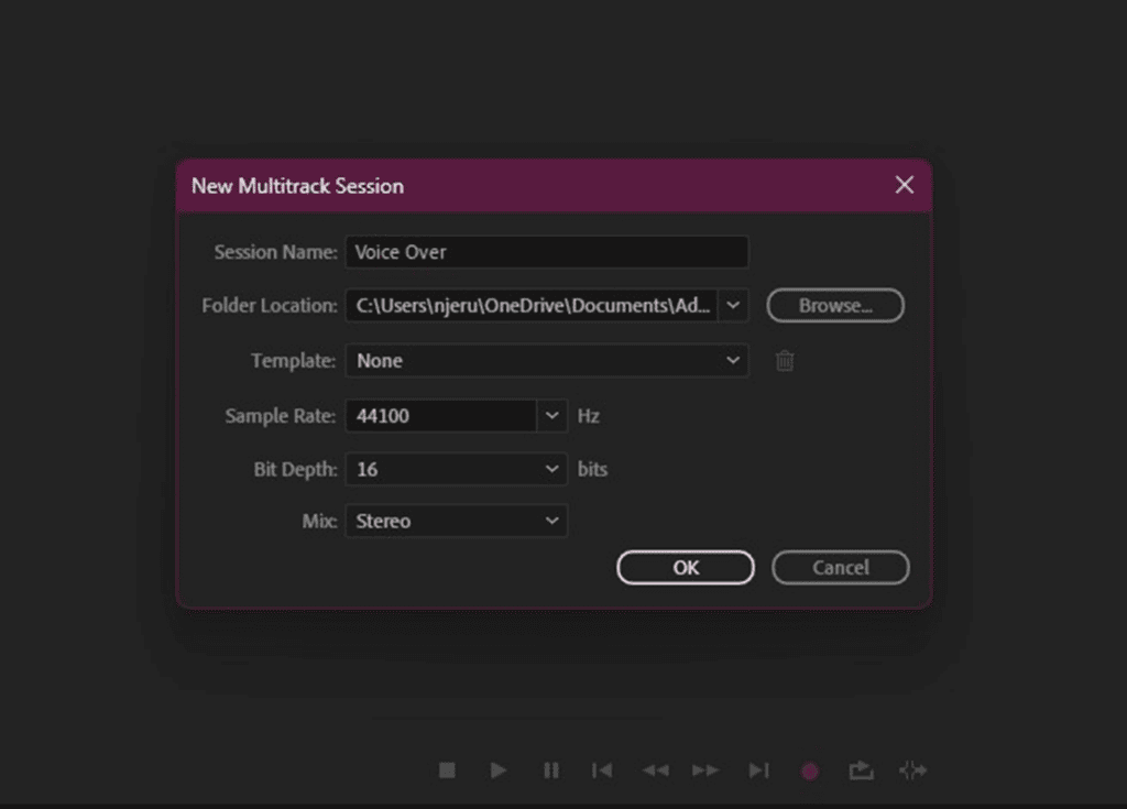 Multitrack session settings Adobe Audition