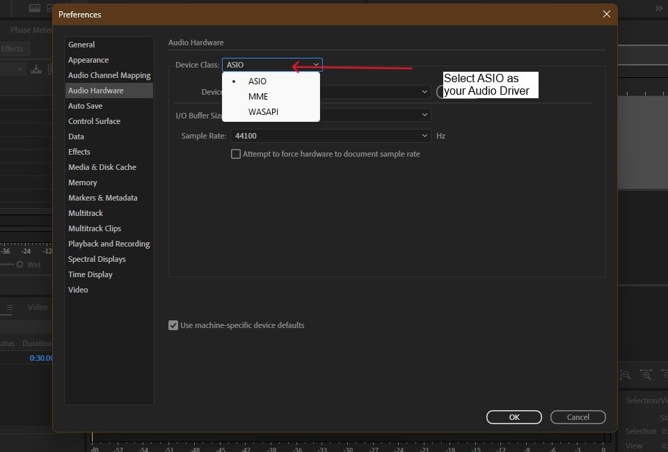 Audio preferences to select ASIO as your audio driver Adobe Audition