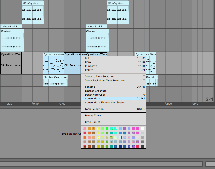 consolidating clips in ableton