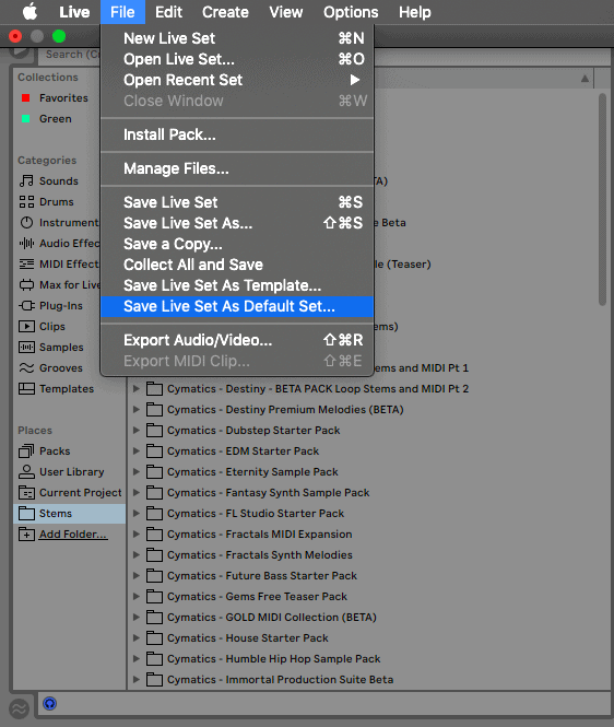 save live set as default set ableton